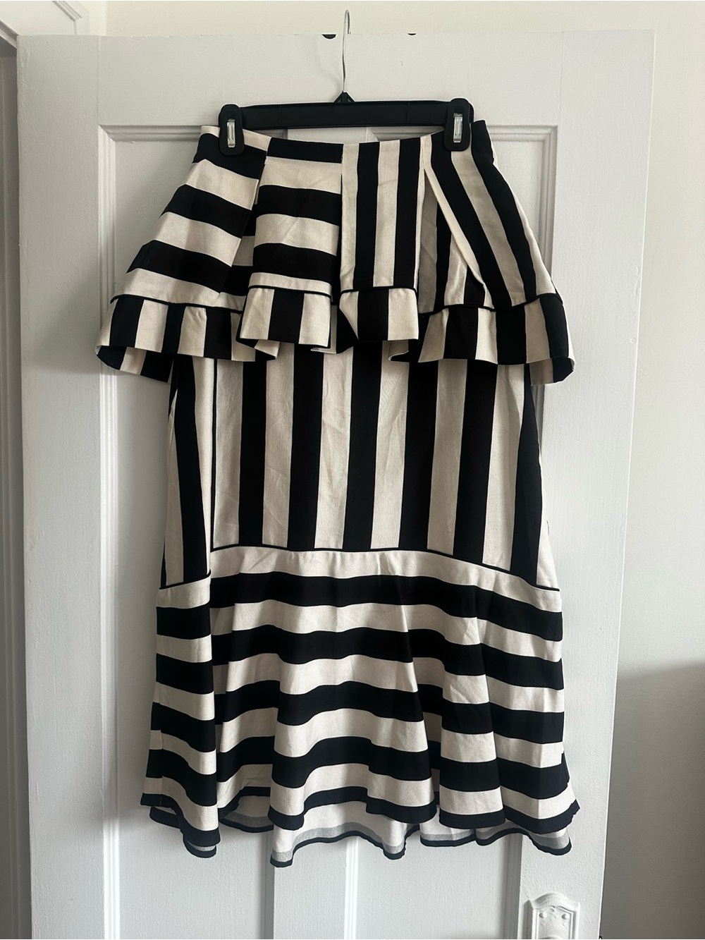 FARM Rio Black and White Striped Ruffle Midi Skirt